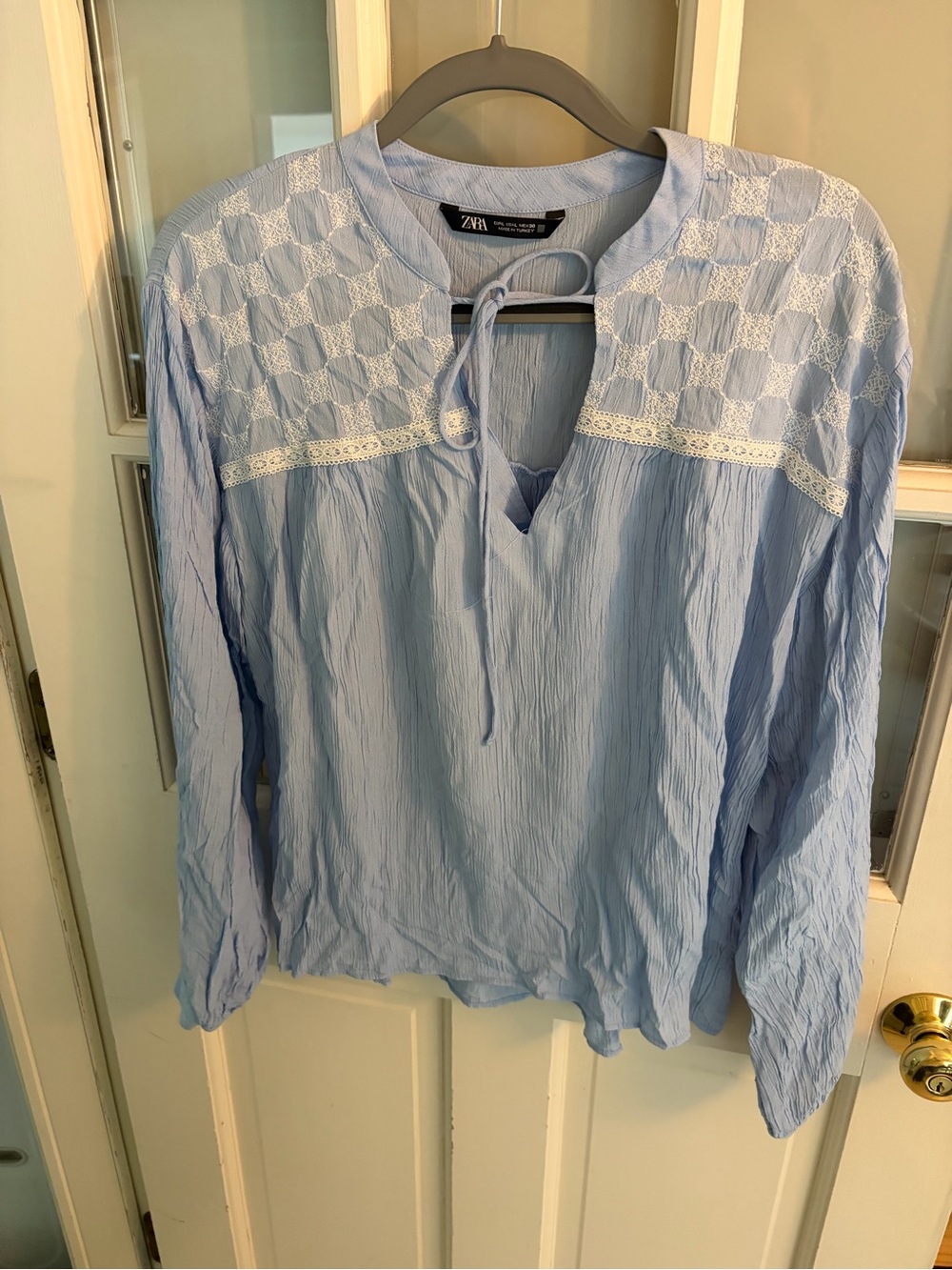 Zara Light Blue Tie-Neck Textured Blouse